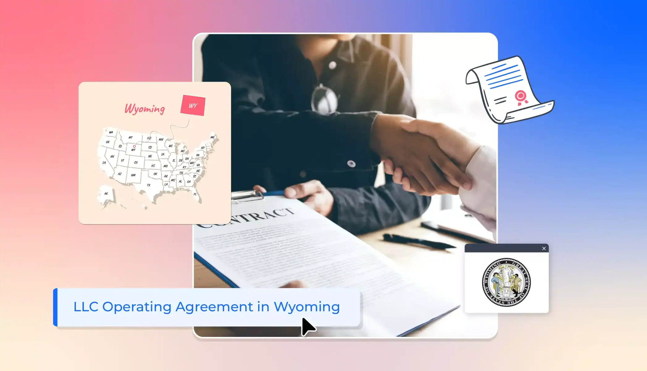 Person signing operating agreement with Wyoming state icons
